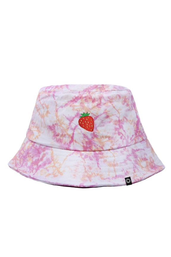 Embroidered Strawberry Tie Dye Cotton Outdoor Summer Bucket Hat in Pink - Medium
