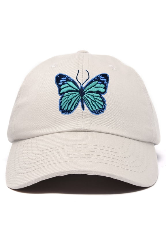 Exotic Blue Butterfly Hat Cute Womens Gift Embroidered Girls Cap in Beige