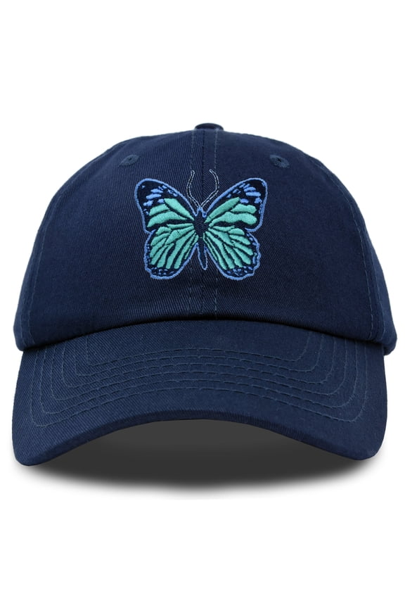 Exotic Blue Butterfly Hat Cute Womens Gift Embroidered Girls Cap in Navy Blue