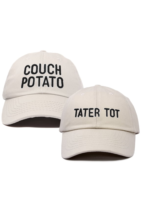 Father Son Couch Potato Tater Tot Ball Cap Embroidered Hat in Beige
