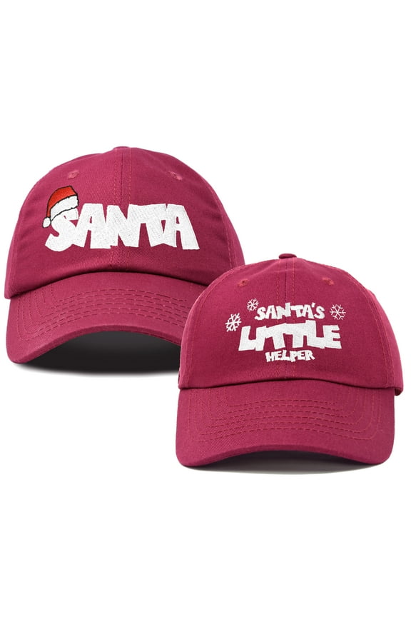 Father Son Santa Christmas Set Ball Cap Embroidered Hat in Maroon