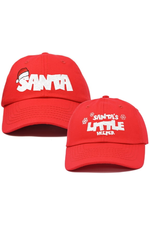 Father Son Santa Christmas Set Ball Cap Embroidered Hat in Red