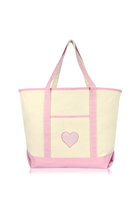 Filigree Heart Womens Embroidered Tote Bag Natural Canvas in Pink