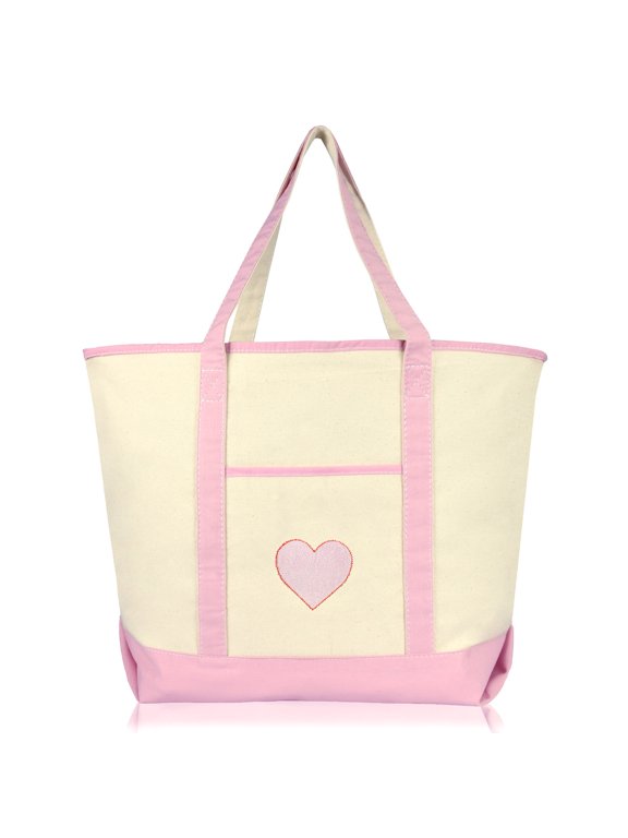 Filigree Heart Womens Embroidered Tote Bag Natural Canvas in Pink