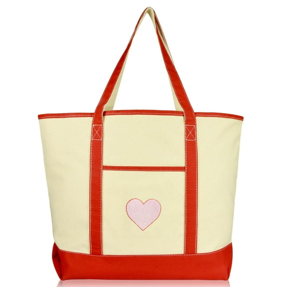 DALIX Filigree Heart Womens Embroidered Tote Bag Natural Canvas in Red