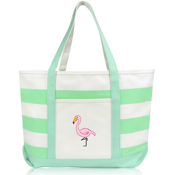 DALIX Flamingo Striped Canvas Women's Tote Bag Premium Cotton in Mint Green