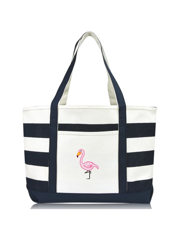 Flamingo Striped Canvas Women's Tote Bag Premium Cotton in Navy Blue