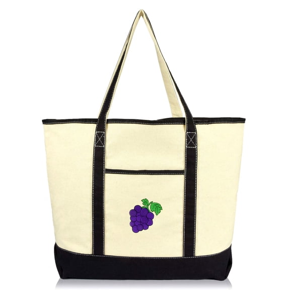 DALIX Grapes Tote Bag Reusable Grocery Natural Canvas Fruits in Black