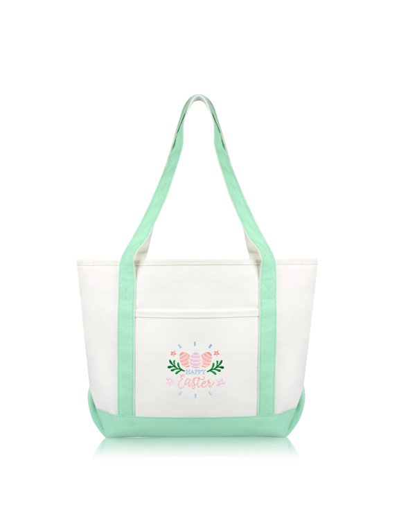 Happy Easter Womens Classic Premium Embroidered Tote Bag in Mint Green