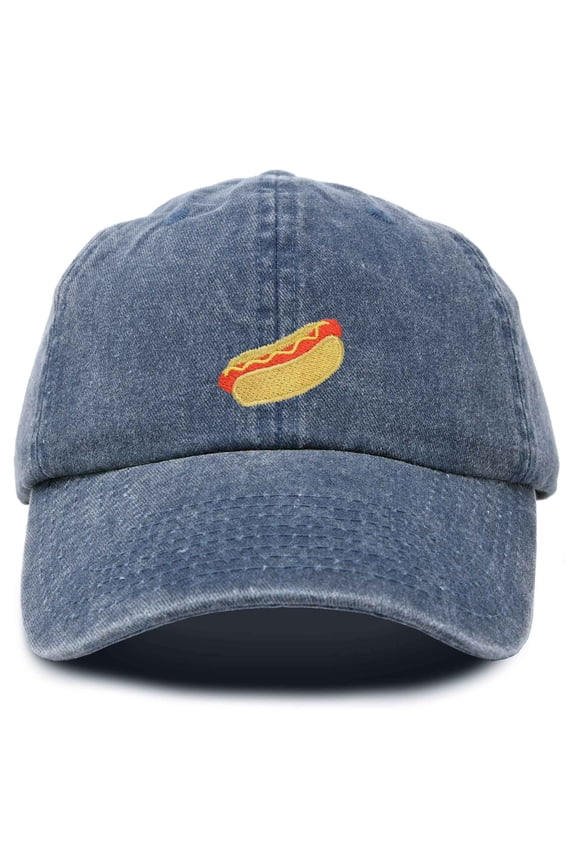Hot Dog Hat Embroidered Mens Womens Baseball Cap in Washed Navy Blue