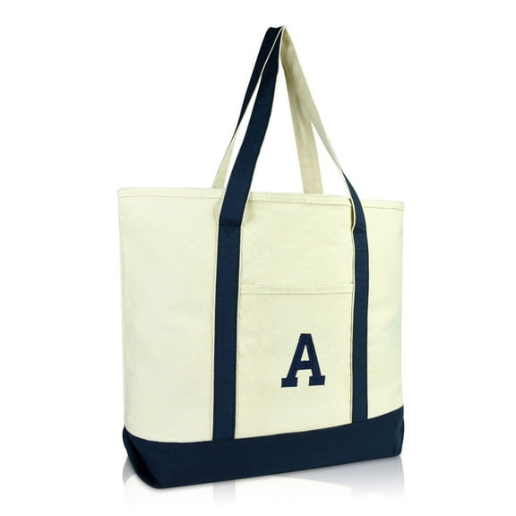 DALIX Initial Tote Bag Personalized Monogram Navy Blue Zippered Top Letter - A
