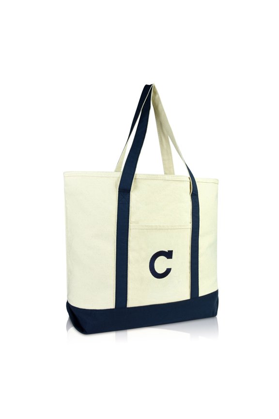 Initial Tote Bag Personalized Monogram Navy Blue Zippered Top Letter - C