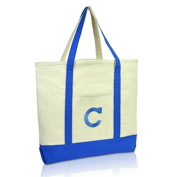 DALIX Initial Tote Bag Personalized Monogram Royal Blue Zippered Top Letter - C