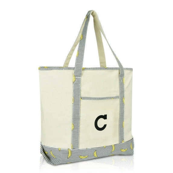 DALIX Initial Tote Bag Personalized Monogram Striped Banana Zippered Top Letter - C