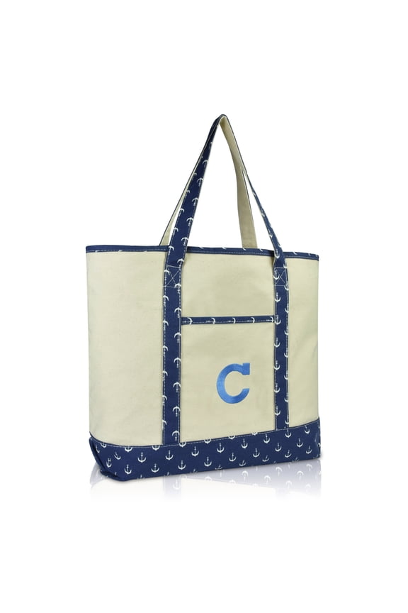Initial Tote Handbag Personalized Monogram Navy Blue Anchor Zippered Top Letter - C