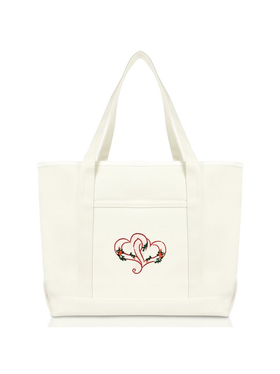 Love Intertwining Heart Womens Premium Embroidered Tote BagBlack in White