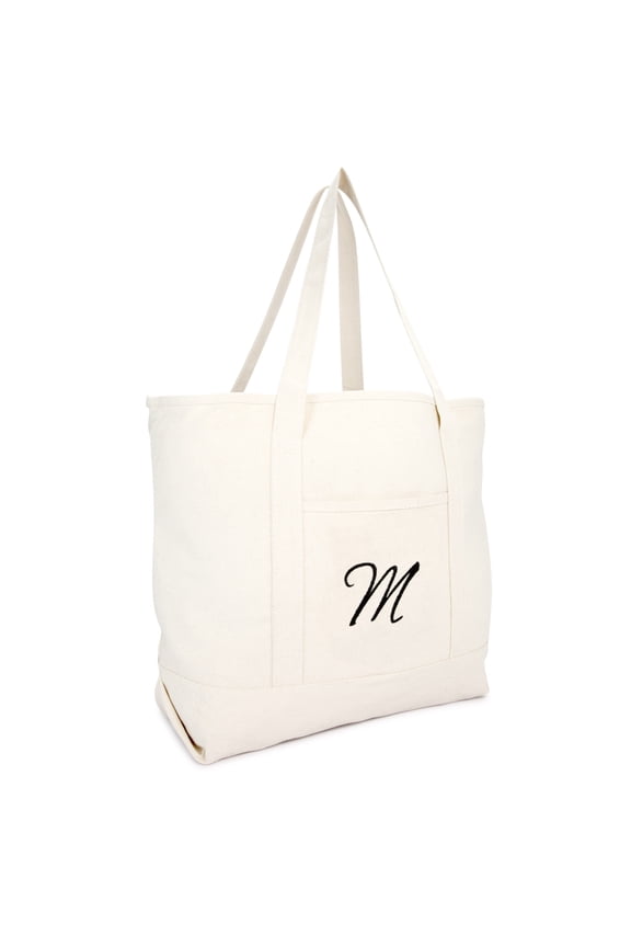 Monogram Personalized Shopping Tote Bag Zippered Natural Ballent Letter M