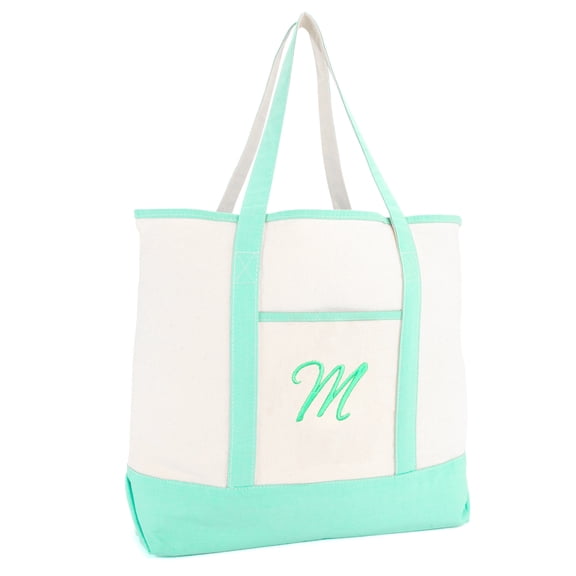 DALIX Monogram Tote Bag For Women Personalized Open Top Mint Green Letter M
