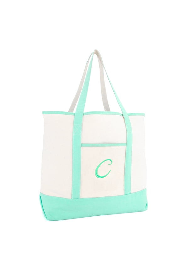 Monogram Tote Bag for Women's Personalized Open Top Mint Green Letter C