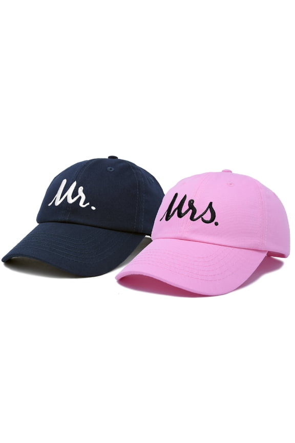 Mr and Mrs Baseball Cap Matching Couples Hat Set in Navy Blue/Pink