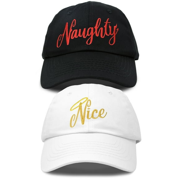 DALIX Naughty n Nice Christmas Hat Set Womens Matching Embroidered Cap in Black White