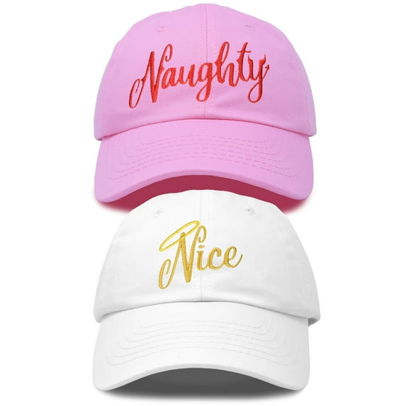 DALIX Naughty n Nice Christmas Hat Set Womens Matching Embroidered Cap in Pink White
