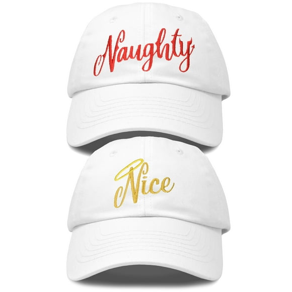 DALIX Naughty n Nice Christmas Hat Set Womens Matching Embroidered Cap in White
