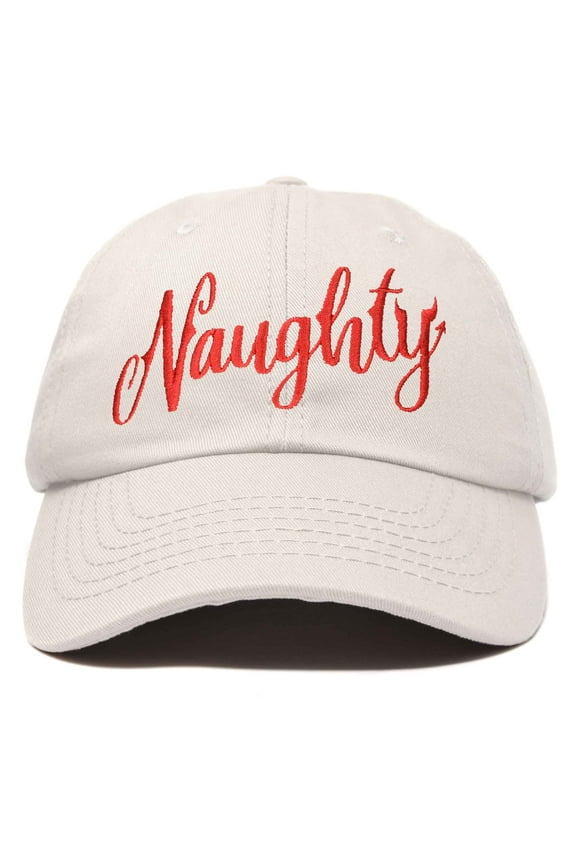 Naughty or Nice - Naughty Christmas Hat Womens Embroidered Baseball Cap in Beige