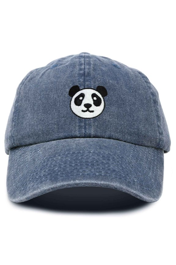 Panda Face On A Hat Mens Womens Embroidered Baseball Cap in Washed Navy Blue