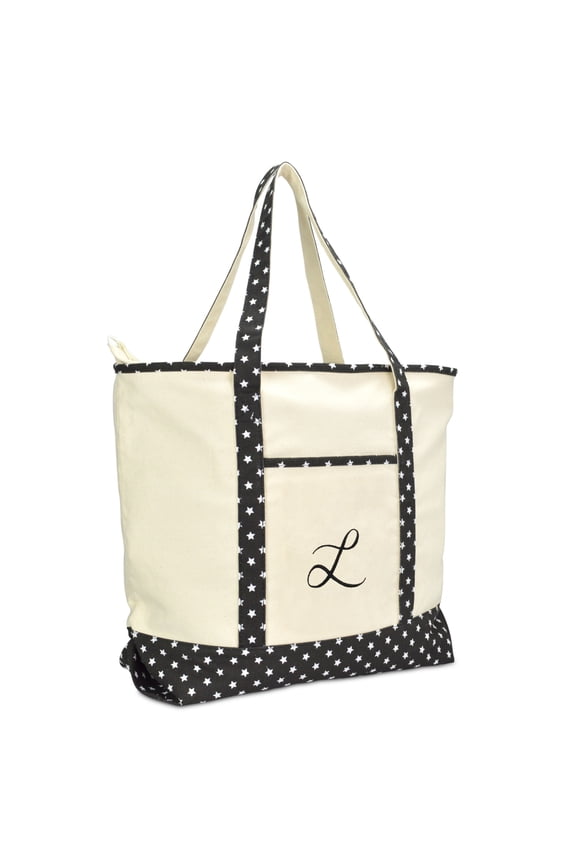Personalized Shopping Tote Bag Monogram Black Star Ballent Zippered Letter- L