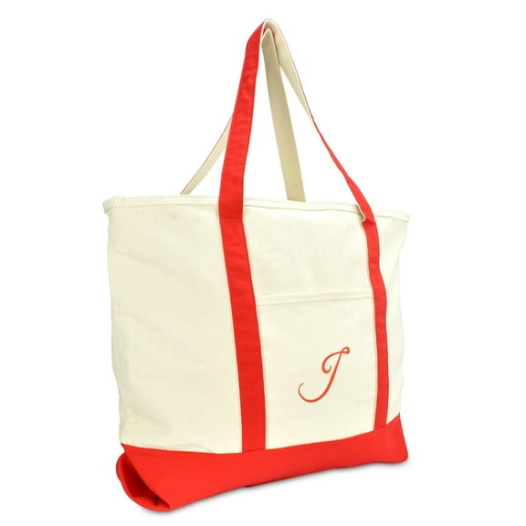 DALIX Personalized Shopping Tote Bag Monogram Red Ballent Zippered Letter- J