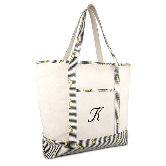 DALIX Personalized Shopping Tote Bag Monogram Striped Banana Ballent Zippered Letter- K