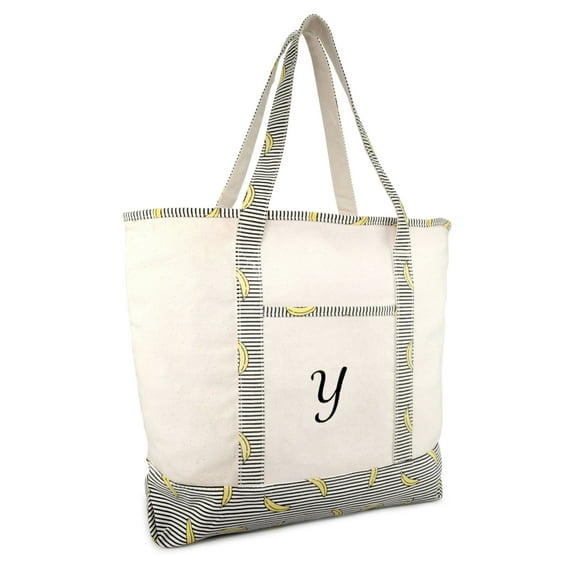 DALIX Personalized Shopping Tote Bag Monogram Striped Banana Ballent Zippered Letter- Y