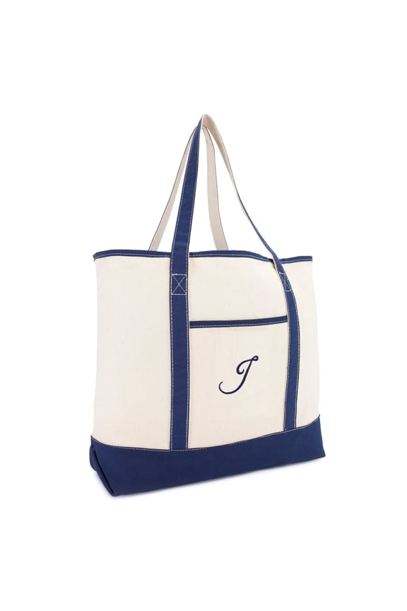 Personalized Tote Bag For Women Monogram Initial Open Top Navy Blue J