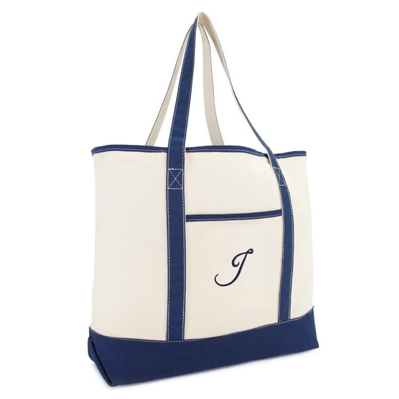 DALIX Personalized Tote Bag For Women Monogram Initial Open Top Navy Blue J