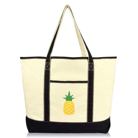 DALIX Pineapple Tote Bag Reusable Grocery Natural Canvas Fruits in Black