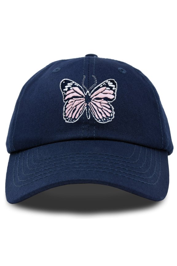 Pink Butterfly Hat Cute Womens Gift Embroidered Girls Cap in Navy Blue