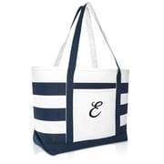 DALIX Premium Beach Bags Striped Navy Blue Zippered Tote Bag Monogrammed E