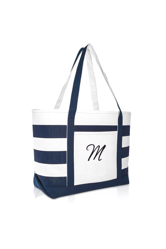 Premium Beach Bags Striped Navy Blue Zippered Tote Bag Monogrammed M