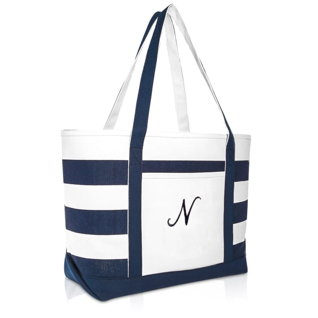 Monogramen DALIX Premium Beach Bags Striped Navy Blue Zippered Tote Bag ...