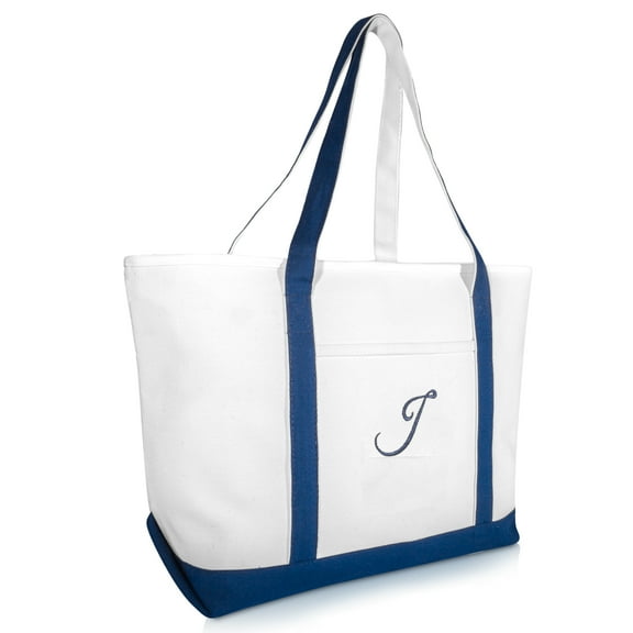 DALIX Quality Canvas Tote Bags Large Beach Bags Navy Blue Monogrammed J