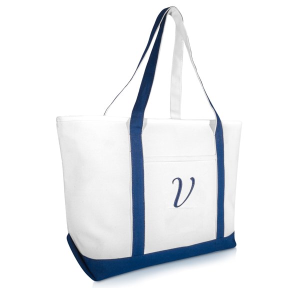 DALIX Quality Canvas Tote Bags Large Beach Bags Navy Blue Monogrammed V