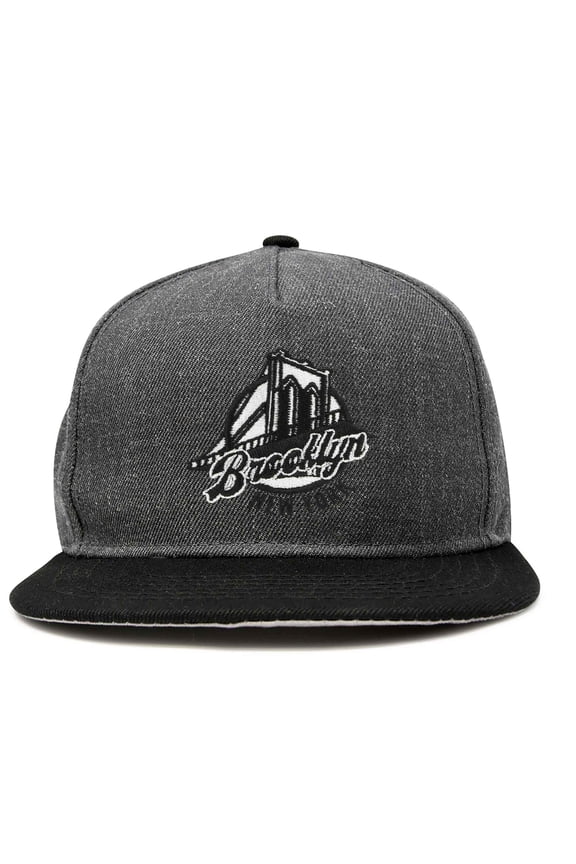 Retro Brooklyn Hat Flat Bill Snapback Embroidered Baseball Cap in Black Dark Gray