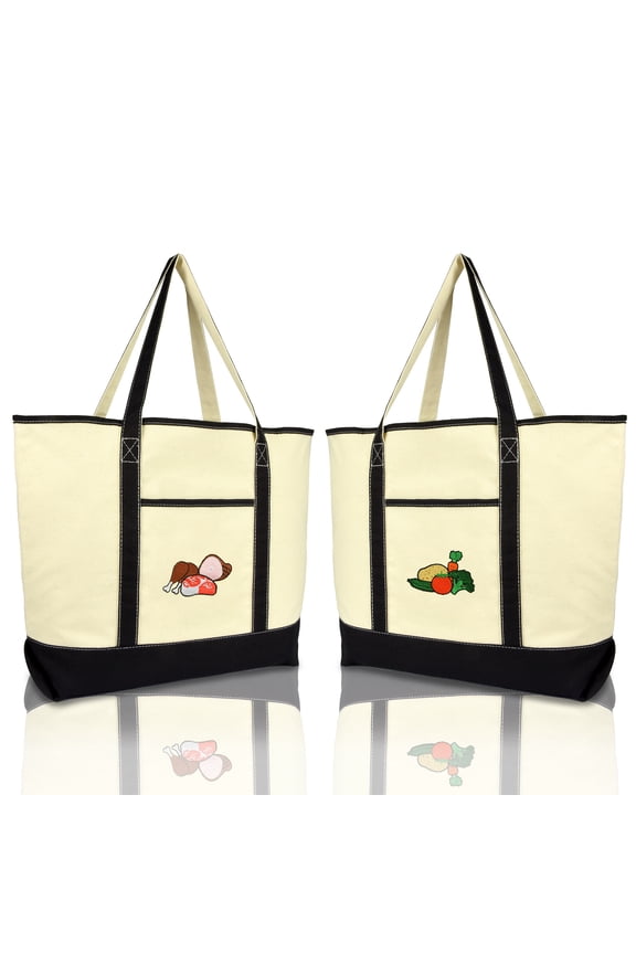 Reusable Grocery Tote Bag Cotton Canvas Meats and Vegetables Set in Black