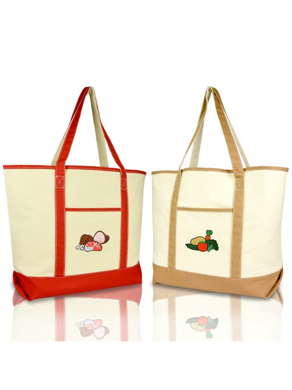 Reusable Grocery Tote Bag Cotton Canvas Meats and Vegetables Set in Red-Brown