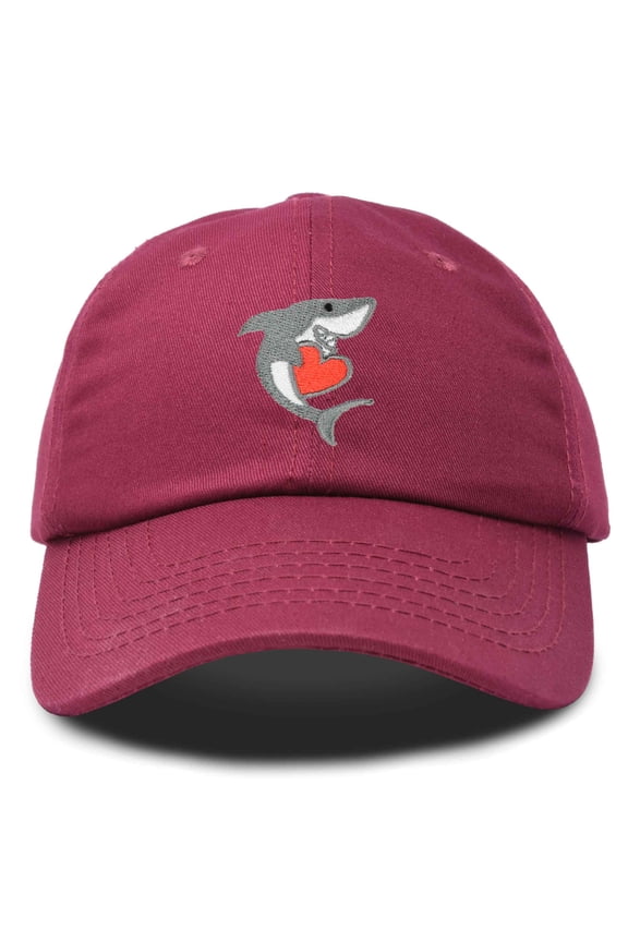 Shark with Heart Valentine's Day Hat Womens Embroidered Baseball Cap in Maroon