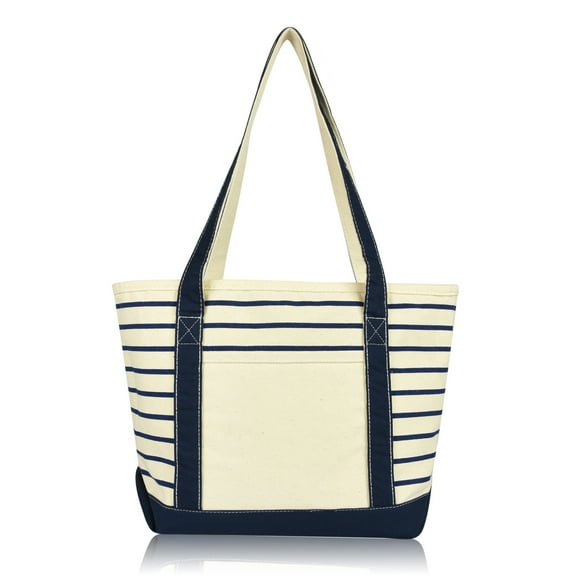 DALIX Small Stripe Tote Deluxe Shoulder Bag Cotton Canvas in Navy Blue