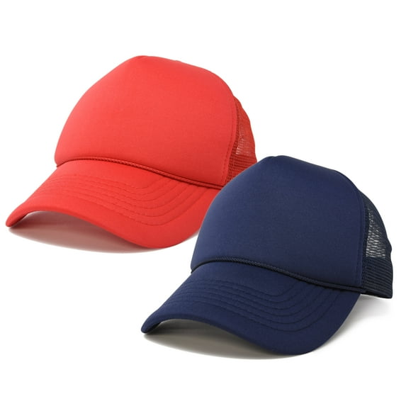 DALIX Solid Blank Trucker Hats Caps (2 for 1 Deal) in Red and Navy Blue