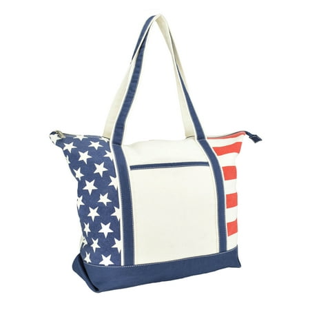 DALIX Stars and Stripes Zippered Cotton Canvas USA 4th of July Patriotic Handbag Shopping Tote