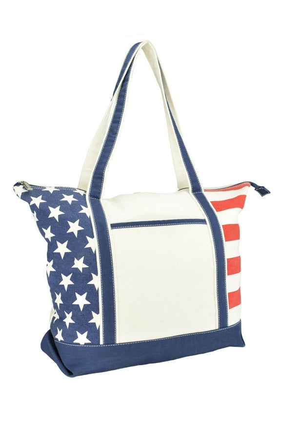 Stars and Stripes Zippered Cotton Canvas USA 4th of July Patriotic Handbag Shopping Tote